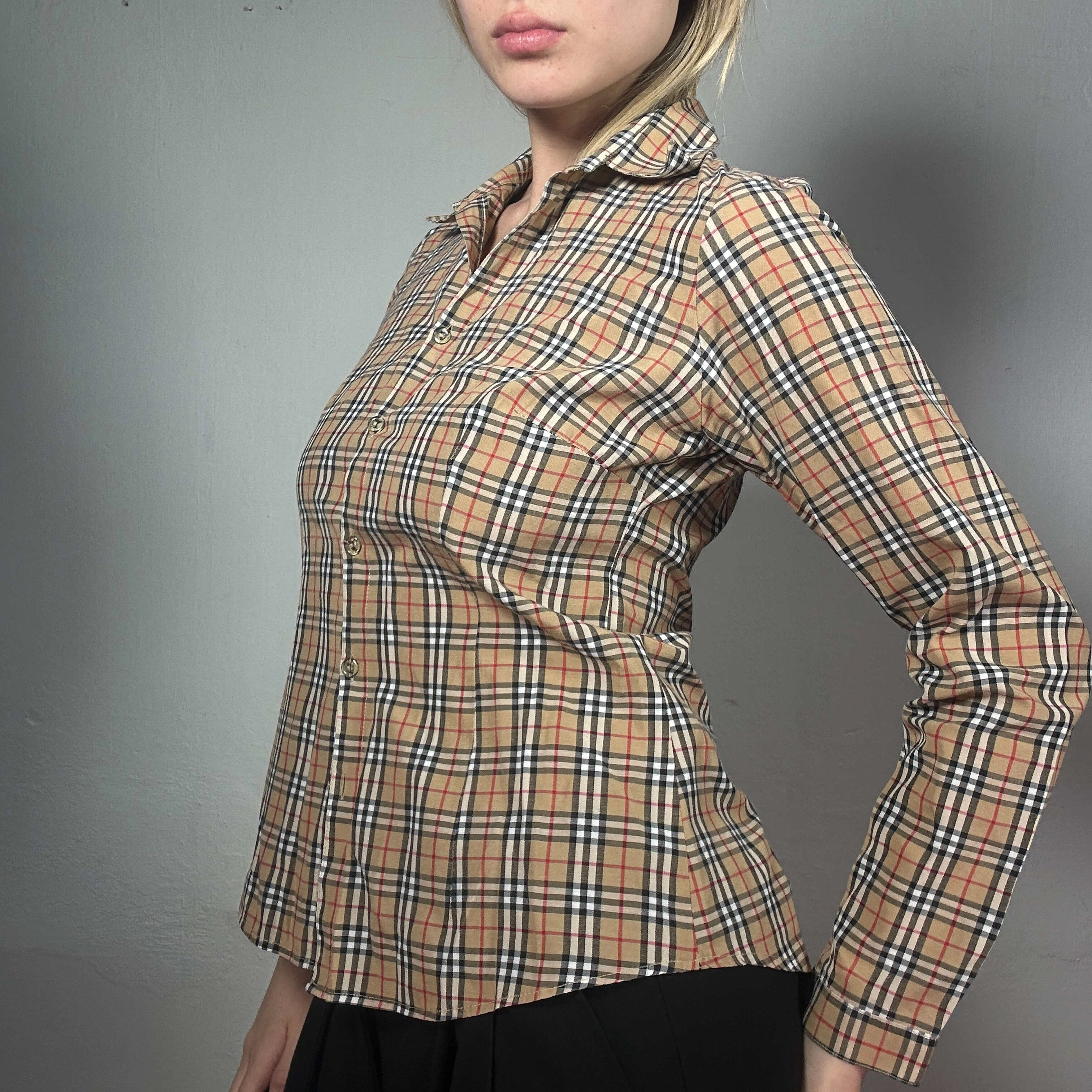 Camisa a cuadros beige vintage de los 90, manga larga, clásica y con estilo, talla S, ¡imprescindible!